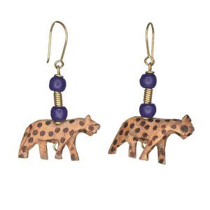 Wooded Carved Leopard Hyena Dangle Earrings Beaded Wood Brown Purple Gold